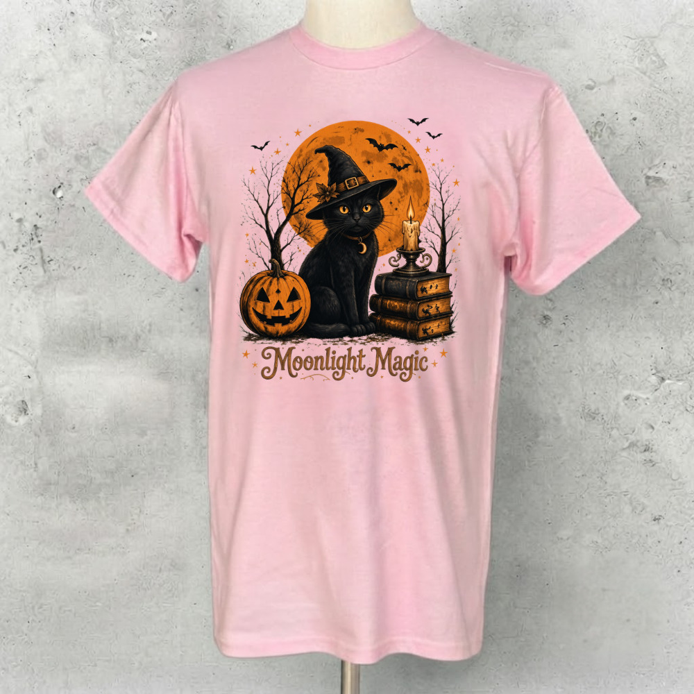 Moonlight Magic Black Cat Witch Hat Pumpkin Books Vintage Pink T-Shirt